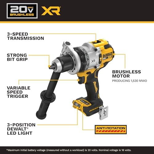 DEWALT 20V MAX XR 1/2 Inch Brushless Cordless Hammer Drill Kit with 8AH Battery and Charger  3 Speed  DCD1007WW1 