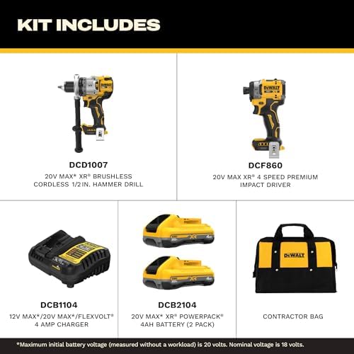 DEWALT 20V MAX XR Brushless Hammer Drill 1/2 In  and High Torque 1/4 Impact Driver Combo with 2 x 4 Ah Batteries and 4 Amp Charger  DCK2112QQ2 