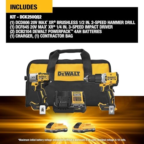 DEWALT 20V MAX XR Impact Driver and Hammer Drill Cordless Power Tool Combo Kit  Includes 2 x 4ah POWERPACK Batteries and a Charger  DCK250QQ2 