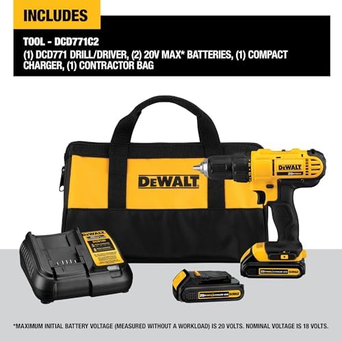 DEWALT 20V Max Cordless Drill Driver Set  2 Speed  High Performance Motor  Includes 2 XR 1 3Ah Li Ion Batteries  Charger and Contractor Bag  DCD771C2 