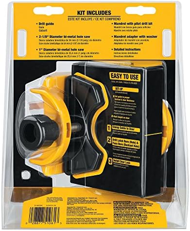 DEWALT Door Lock Installation Kit  C Clamp Design Hole Saw Kit For Metal or Wood Doors  2 Adjustable Bushings  Easy Installation  Height Alignment  D180004 