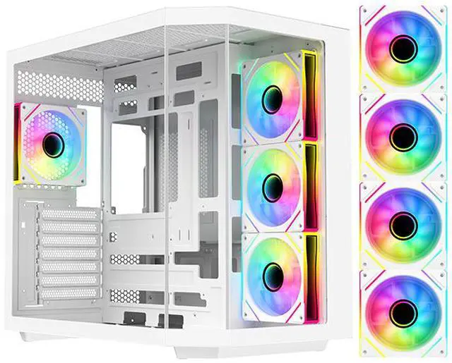DIYPC ARGB N3 W White USB3 0/ Type C Tempered Glass E ATX /ATX Dual Chamber Gaming Computer Case w/ 3 x Tempered Glass Panel and 4 x ARGB PWM Fans  Pre Installed  