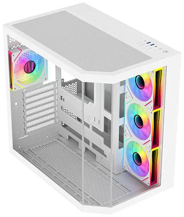 DIYPC ARGB N3 W White USB3 0/ Type C Tempered Glass E ATX /ATX Dual Chamber Gaming Computer Case w/ 3 x Tempered Glass Panel and 4 x ARGB PWM Fans  Pre Installed  