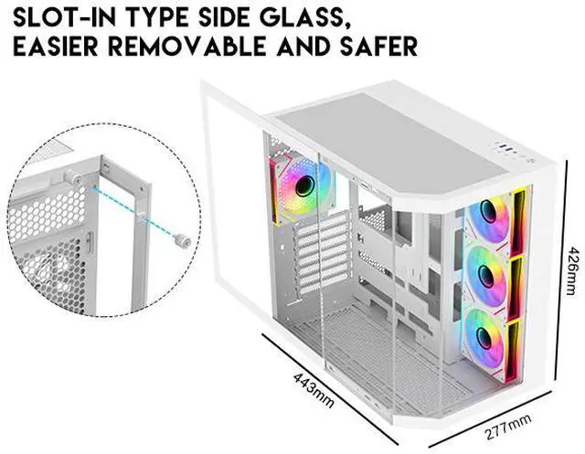 DIYPC ARGB N3 W White USB3 0/ Type C Tempered Glass E ATX /ATX Dual Chamber Gaming Computer Case w/ 3 x Tempered Glass Panel and 4 x ARGB PWM Fans  Pre Installed  
