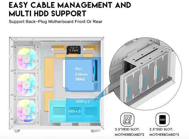 DIYPC ARGB N3 W White USB3 0/ Type C Tempered Glass E ATX /ATX Dual Chamber Gaming Computer Case w/ 3 x Tempered Glass Panel and 4 x ARGB PWM Fans  Pre Installed  