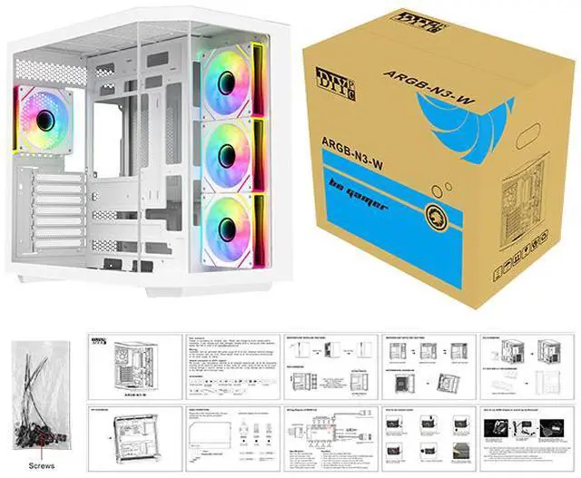DIYPC ARGB N3 W White USB3 0/ Type C Tempered Glass E ATX /ATX Dual Chamber Gaming Computer Case w/ 3 x Tempered Glass Panel and 4 x ARGB PWM Fans  Pre Installed  