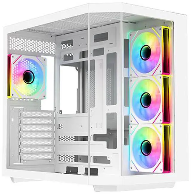 DIYPC ARGB N3 W White USB3 0/ Type C Tempered Glass E ATX /ATX Dual Chamber Gaming Computer Case w/ 3 x Tempered Glass Panel and 4 x ARGB PWM Fans  Pre Installed  