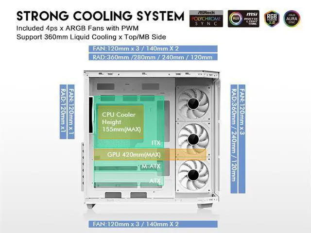 DIYPC ARGB N3 W White USB3 0/ Type C Tempered Glass E ATX /ATX Dual Chamber Gaming Computer Case w/ 3 x Tempered Glass Panel and 4 x ARGB PWM Fans  Pre Installed  