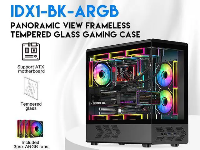 DIYPC IDX1 BK ARGB Black USB3 0/ Type C Tempered Glass ATX Gaming Computer Case w/ Dual Tempered Glass Panel and 3 x ARGB PWM Fans  Pre Installed 