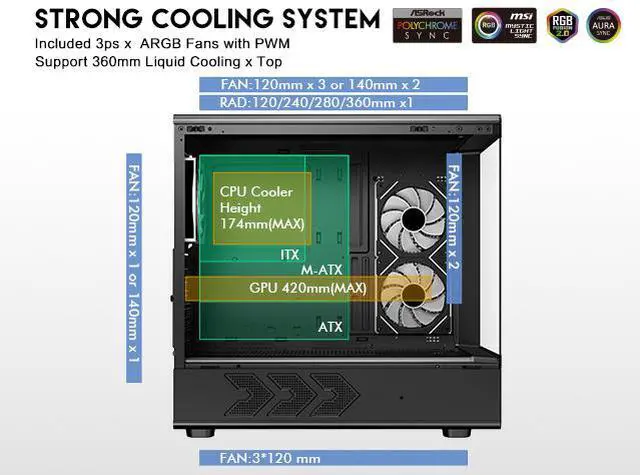 DIYPC IDX1 BK ARGB Black USB3 0/ Type C Tempered Glass ATX Gaming Computer Case w/ Dual Tempered Glass Panel and 3 x ARGB PWM Fans  Pre Installed 