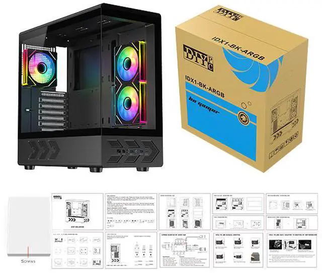 DIYPC IDX1 BK ARGB Black USB3 0/ Type C Tempered Glass ATX Gaming Computer Case w/ Dual Tempered Glass Panel and 3 x ARGB PWM Fans  Pre Installed 