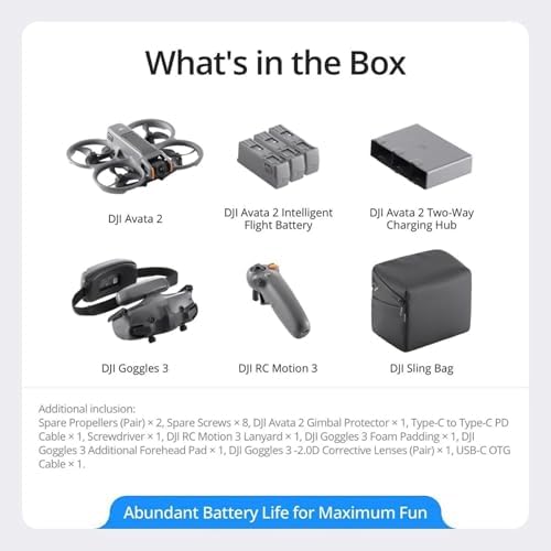 DJI Avata 2 Fly More Combo  3 Batteries   FPV Drones with Camera for Adults 4K  Immersive Experience  One Push Acrobatics  Built in Propeller Guard  155  FOV  Drone Compliant with FAA Remote ID