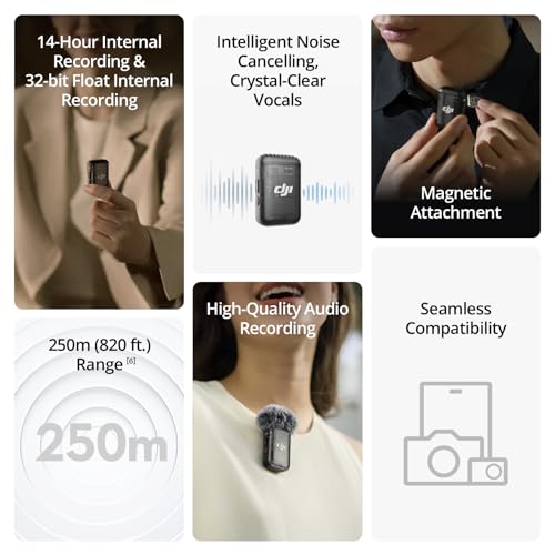 DJI Mic 2  1 TX   1 RX   Wireless Microphone with Intelligent Noise Cancelling  32 bit Float Internal Recording  Optimized Sound  250m  820 ft   Range  Microphone for iPhone  Android  Camera  Vlogs