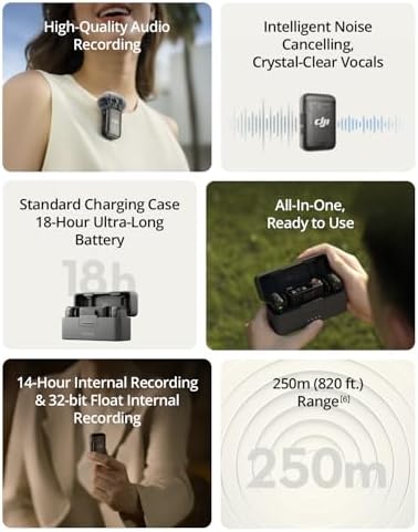 DJI Mic 2  2 TX   1 RX   Charging Case   Wireless Lavalier Microphone  Intelligent Noise Cancelling  32 bit Float Internal Recording  820 ft  250m  Range  Microphone for iPhone  Android  Camera