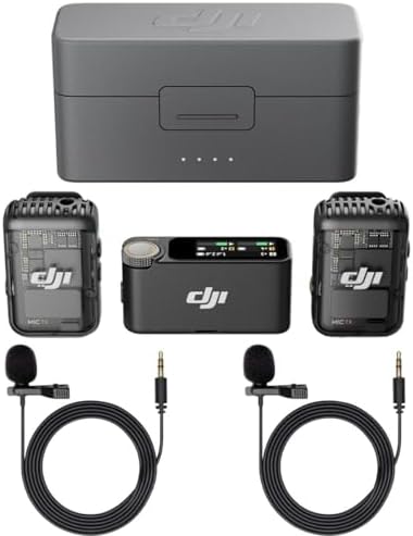 DJI Mic 2  2 TX   1 RX   Charging Case   All in one Wireless Microphone  Intelligent Noise Cancelling  for iPhone  Android  Camera Bundle with  2x Turnstile Omnidirectional Condenser Lavalier