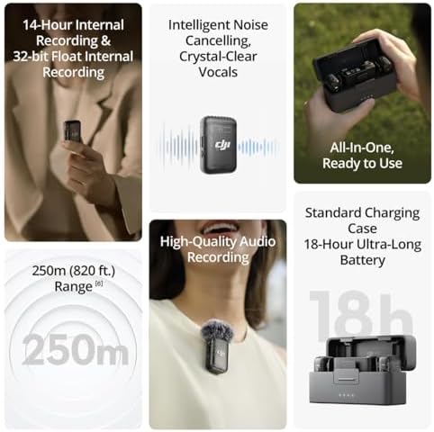 DJI Mic 2  2 TX   1 RX   Charging Case   All in one Wireless Microphone  Intelligent Noise Cancelling  for iPhone  Android  Camera Bundle with  2x Turnstile Omnidirectional Condenser Lavalier