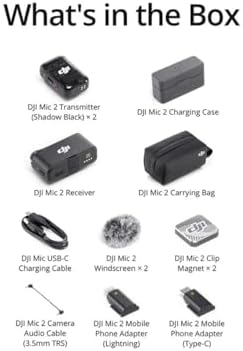 DJI Mic 2  2 TX   1 RX   Charging Case   All in one Wireless Microphone  Intelligent Noise Cancelling  for iPhone  Android  Camera Bundle with  2x Turnstile Omnidirectional Condenser Lavalier