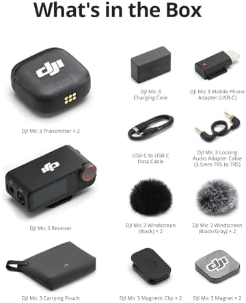 DJI Mic 3  2 TX   1 RX   Charging Case   Wireless Microphone for iPhone/Camera/Android  Ultralight  Adaptive Gain Control for Balanced Volume  Dual Band Anti Interference  28hrs Use  Vlog