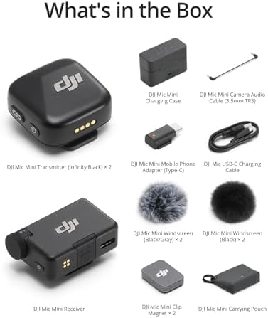DJI Mic Mini  2 TX   1 RX   Charging Case  Wireless Lavalier Microphone  Ultralight  Noise Cancelling  Up to 48 Hour Battery Life Bundle with 2 x Deco Gear Lapel Microphone and 5 EVA Case