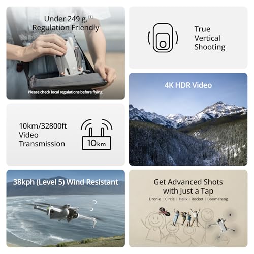 DJI Mini 3, drones con cámara para adultos 4K, tiempo de vuelo de 38 minutos, transmisión de video de hasta 32800 pies (6.2 mi), disparo vertical verdadero, retorno automático GPS integrado, mini dron