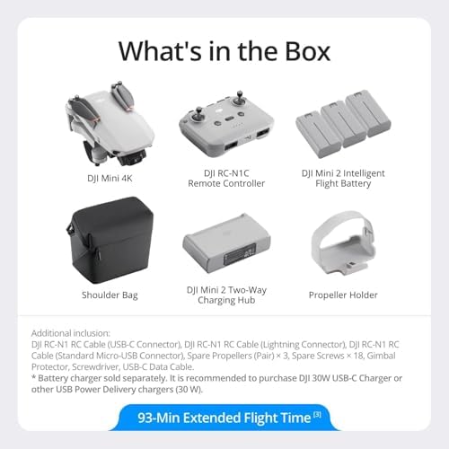 DJI Mini 4K Fly More Combo  Drone with 4K UHD Camera for Adults  Under 249 g  3 Axis Gimbal Stabilization  10km Video Transmission  Auto Return  3 Batteries for 93 Min Max Flight Time  QuickShots