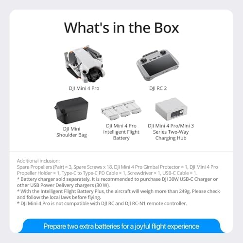 DJI Mini 4 Pro Fly More Combo with DJI RC 2  Drones with Camera for Adults 4K  Under 0 549 lbs/249 g  3 Batteries for up to 102 Mins Flight Time  Smart Return to Home  Drone for Beginners