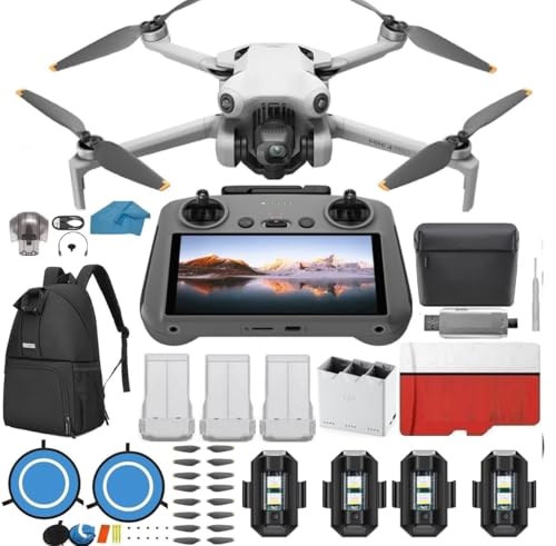 DJI Mini 4 Pro Folding Drone with RC 2 Remote  With Screen  Fly More Combo  4K HDR Video Camera for Adults  Under 249g  Omnidirectional Sensing  3 Batteries Bundle with 128 gb SD Card Strobe Lights and More