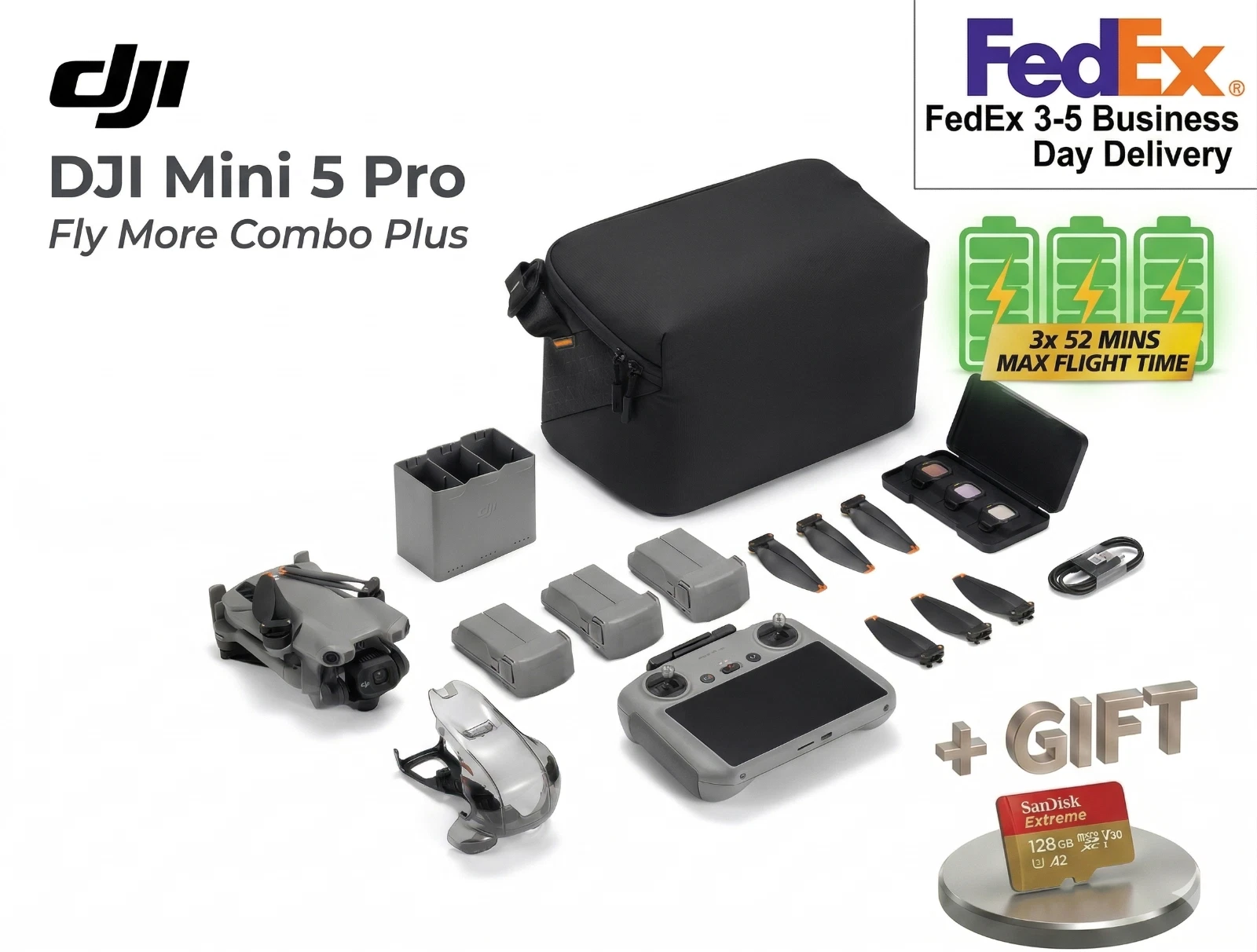 DJI Mini 5 Pro Fly More Combo Plus Drone  DJI RC 2   128GB SD / No Tariffs in US