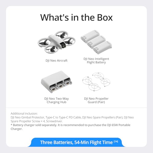 DJI Neo Three Battery Combo  Mini Drone with 4K UHD Camera for Adults  135g Self Flying Drone that Follows You  Palm Takeoff  Subject Tracking  QuickShots  Stabilized Video  Controller Free