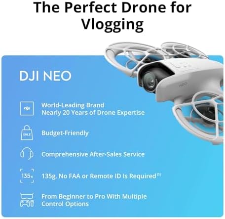 DJI Neo  Mini Drone with 4K UHD Camera for Adults  135g Self Flying Drone that Follows You  Palm Takeoff  Subject Tracking  QuickShots  Stabilized Video  Built In Propeller Guard  Controller Free 
