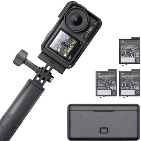 DJI Osmo Action 4 Adventure Combo  Waterproof Action Camera with 1/1 3 Sensor  4K/120fps Video  Stunning Low Light  8h Extended Battery Life with 3 Batteries  1 5m Extension Rod  Battery Case
