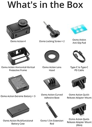 DJI Osmo Action 4 Adventure Combo  Waterproof Action Camera with 1/1 3 Sensor  4K/120fps Video  Stunning Low Light  8h Extended Battery Life with 3 Batteries  1 5m Extension Rod  Battery Case