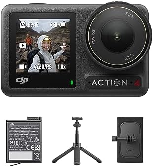 DJI Osmo Action 4 Essential Combo  4K/120fps Waterproof Action Camera with a 1/1 3 Inch Sensor  Stunning Low Light Imaging  10 bit & D Log M Color Performance  Long Lasting 160 Mins  Outdoor Camera
