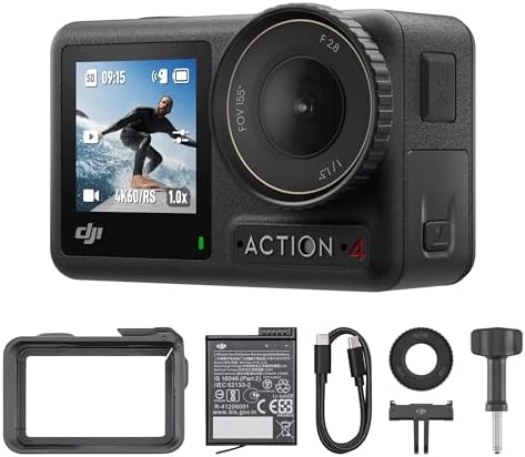 DJI Osmo Action 4 Standard Combo  4K/120fps Waterproof Action Camera with a 1/1 3 Inch Sensor  Stunning Low Light Imaging 10 bit & D Log M Color Performance  Long Lasting 160 Mins  Outdoor Camera