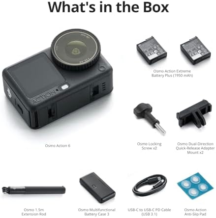 DJI Osmo Action 6 Enhanced Combo  8K Waterproof Action Camera with 1/1 1 Square Sensor  Variable Aperture of f/2 0 f/4 0  Extended Battery Life with 2 Batteries  1 5m Extension Rod  Battery Case
