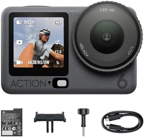 DJI Osmo Action 6 Standard Combo  8K Waterproof Action Camera with 1/1 1 Square Sensor  Variable Aperture of f/2 0 f/4 0  Rocksteady 3 0  Cold Resistant  4hrs Battery  50GB Storage  Vlogging Camera