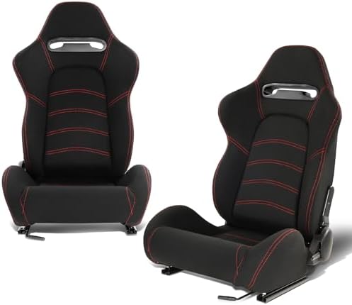 DNA MOTORING 2PCS Racing Bucket Seats with Adjustable Backrest  Single Adjuster and Rail  Compatible with 4 Point Harness  Woven Fabric  Black/Red  RS JBR 005 BK RD