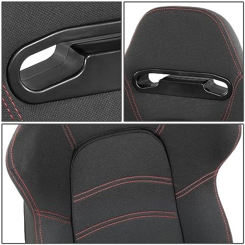 DNA MOTORING 2PCS Racing Bucket Seats with Adjustable Backrest  Single Adjuster and Rail  Compatible with 4 Point Harness  Woven Fabric  Black/Red  RS JBR 005 BK RD
