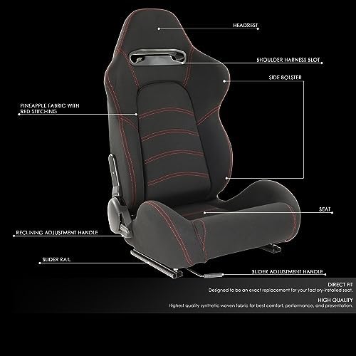 DNA MOTORING 2PCS Racing Bucket Seats with Adjustable Backrest  Single Adjuster and Rail  Compatible with 4 Point Harness  Woven Fabric  Black/Red  RS JBR 005 BK RD