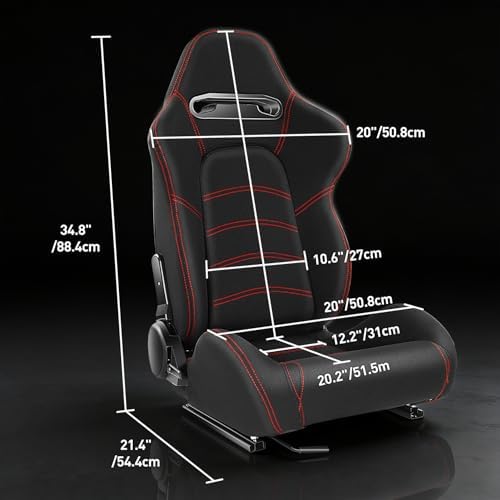 DNA MOTORING 2PCS Racing Bucket Seats with Adjustable Backrest  Single Adjuster and Rail  Compatible with 4 Point Harness  Woven Fabric  Black/Red  RS JBR 005 BK RD