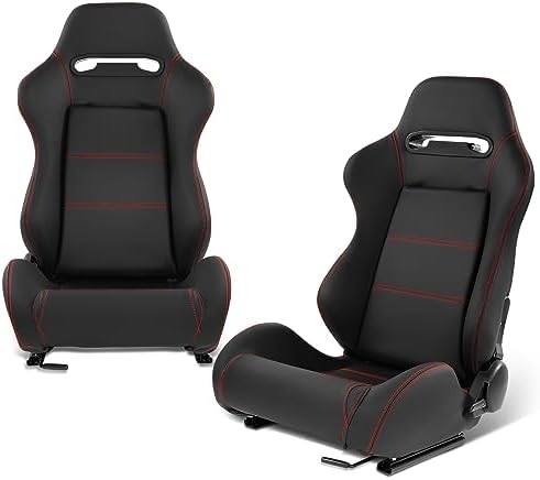 DNA MOTORING 2PCS Racing Bucket Seats with Adjustable Backrest  Single Adjuster and Rail  Compatible with 4 Point Harness  Woven Fabric  Black/Red  RS JBR 005 BK RD