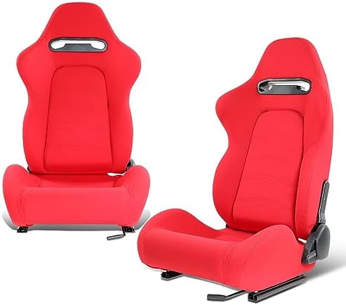 DNA MOTORING 2PCS Racing Bucket Seats with Adjustable Backrest  Single Adjuster and Rail  Compatible with 4 Point Harness  Woven Fabric  Black/Red  RS JBR 005 BK RD