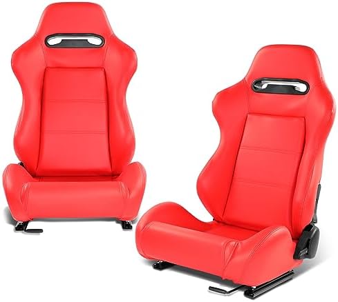 DNA MOTORING 2PCS Racing Bucket Seats with Adjustable Backrest  Single Adjuster and Rail  Compatible with 4 Point Harness  Woven Fabric  Black/Red  RS JBR 005 BK RD
