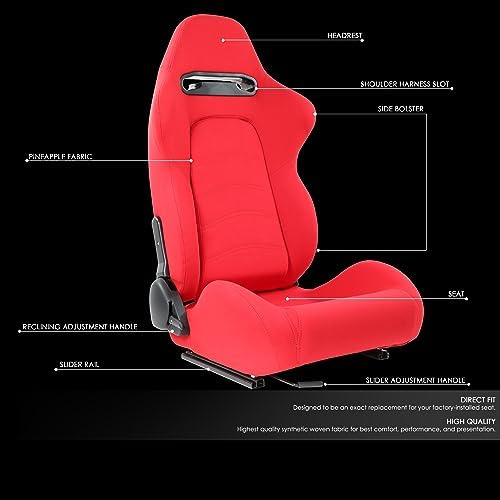 DNA MOTORING 2PCS Racing Bucket Seats with Adjustable Backrest  Single Adjuster and Rail  Compatible with 4 Point Harness  Woven Fabric  Red  RS JBR 005 RD