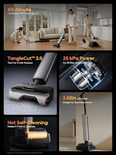 DREAME Aero Pro Wet Dry Vacuum Mop  Ultra Slim with Hot Self Cleaning/Self Drying  0 Hair Tangle Great for Pet Owner  Powerful Wet Dry Vacuum with 60min Runtime  Pick up & Mop at The Same Time