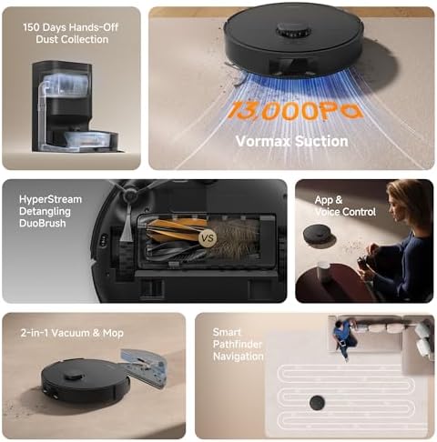 DREAME D20 Plus Robot Vacuum and Mop  13 000Pa Suction  Self Emptying with 5L Dust Bag  DuoBrush for Pet Hair  LDS Mapping  App & Voice Control  Ideal for Hard Floors & Carpets  Black 