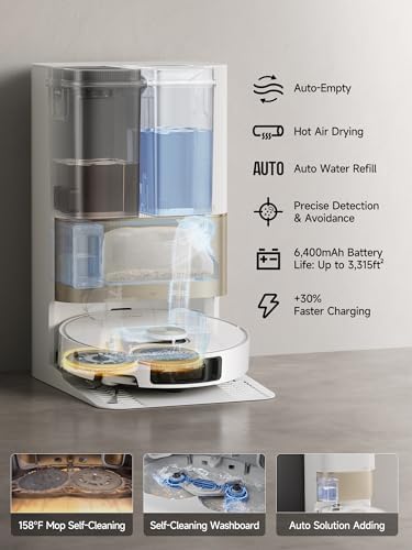 Aspiradora ultra robótica X40 con trapeador extraíble y elevable, succión de 12,000 Pa, limpieza extensiva de cepillo lateral, trapeador de 158 °F y tabla de lavar, autolimpieza de vacío, recarga automática, cepillos elevables, color blanco