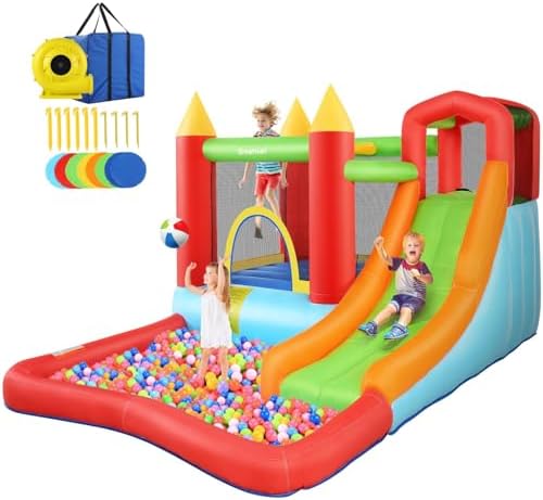 DREAMVAN Inflatable Bounce House with Blower  Bouncy Castle/Waterslide & Pool for Wet Dry Combo  Fun Bounce Area with Basketball Hoop Jumping Castle for Kids 3 10 Backyard