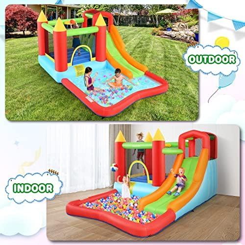 DREAMVAN Inflatable Bounce House with Blower  Bouncy Castle/Waterslide & Pool for Wet Dry Combo  Fun Bounce Area with Basketball Hoop Jumping Castle for Kids 3 10 Backyard