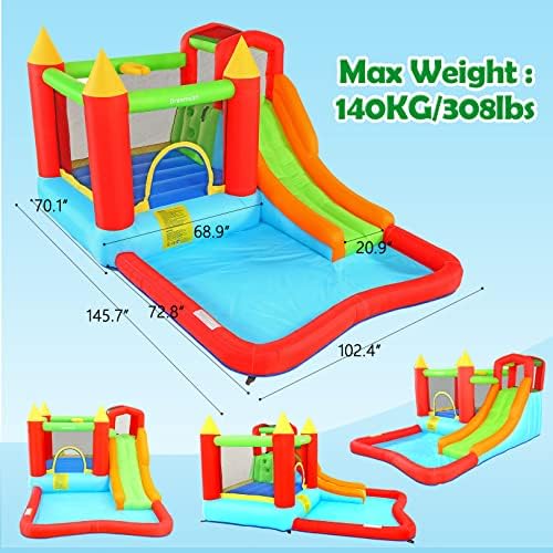 DREAMVAN Inflatable Bounce House with Blower  Bouncy Castle/Waterslide & Pool for Wet Dry Combo  Fun Bounce Area with Basketball Hoop Jumping Castle for Kids 3 10 Backyard